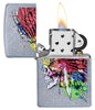 Skull with Headdress Design Street Chrome Windproof Lighter with its lid open and lit