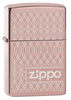 Vooraanzicht 3/4 hoek Zippo Aansteker Zeer gepolijst Roségoud Geometrisch Patroon Golven Logo Alleen online