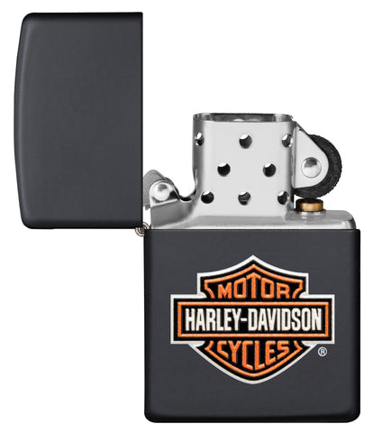 Zippo Aansteker Harley-Davidson® zwart mat met Texture Print Logo Online Only geopend zonder vlam
