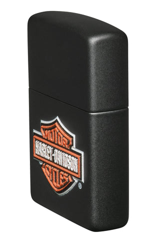 Zijaanzicht Voor 3/4 Hoek Zippo Aansteker Harley-Davidson® Zwart Mat met Textuur Print Logo Alleen online