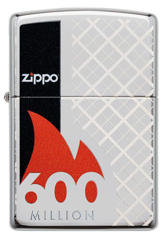 Zippo aansteker 600 miljoen vooraanzicht in hoogglans chroom optiek met 360° lasergravure met aanstekernaam omringd door een rode vlam en met een zwarte balk aan de zijkant