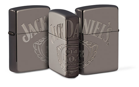 Gegroepeerde Aanzicht Zippo-aansteker grijs glanzend met Jack Daniel's-logo over drie zijden