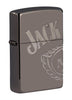 Vooraanzicht 3/4 hoek Zippo-aansteker grijs glanzend met Jack Daniel's-logo over drie zijden