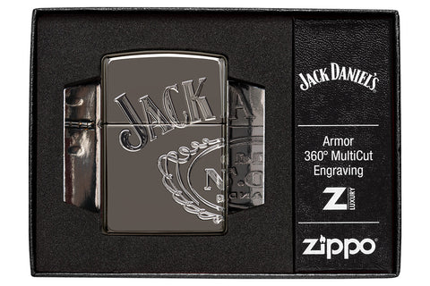Zippo-aansteker grijs glanzend met Jack Daniel's-logo over drie zijden in open luxe doos