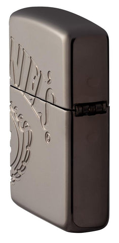 Zijaanzicht achterkant Zippo-aansteker grijs glanzend met Jack Daniel's-logo over drie zijden