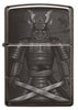Vooraanzicht Zippo-aansteker zwart glanzend met samoeraikrijger met gekruiste zwaarden