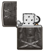 Vooraanzicht Zippo-aansteker zwart glanzend met samoeraikrijger met gekruiste zwaarden open 