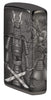 Zijaanzicht Zippo-aansteker zwart glanzend met samoeraikrijger met gekruiste zwaarden