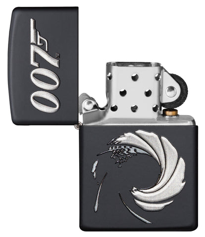 Zippo Aansteker James Bond 007 zwart mat met logo als textuur opdruk Online Enkel geopend zonder vlam