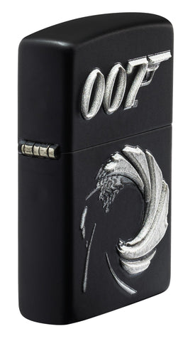 Vooraanzicht hoek Zippo Aansteker James Bond 007 zwart mat met Textuur Print Logo Alleen online