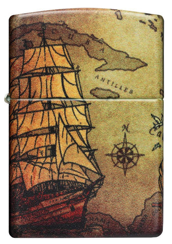 Vooraanzicht Zippo-aansteker White Matte 540° Color Image met piratenkaart en schip