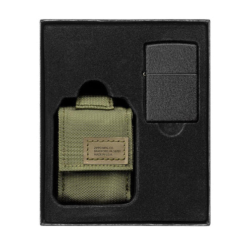 Vooraanzicht Geschenkset met Zippo-aansteker Black Crackle met groen aanstekertasje