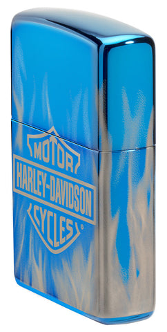 Zippo Feuerzeug Seitenansicht vorne Hochglanz Blau Fotodruck mit Harley Davidson Logo umgeben von lodernden Flammen