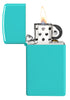 Zippo Aansteker Slim Flat Turquoise Basis Model Open met Vlam