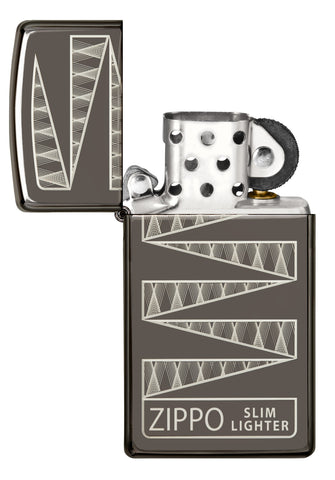 Zippo Aansteker 65 Jaar Slim Black Ice Limited Edition 65ste Verjaardag met Gegraveerd Patroon Geopend zonder Vlam