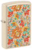 Zippo Feuerzeug Frontansicht ¾ Winkel Farbdruck sandfarben mit floralem Blumenmuster im Hippiestil