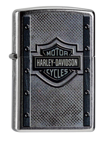 Vooraanzicht 3/4 hoek Zippo-aansteker chroom Harley-Davidson-logo op gestileerde metalen plaat