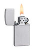 Zippo aansteker Slim Satin Chrome geopend met vlam