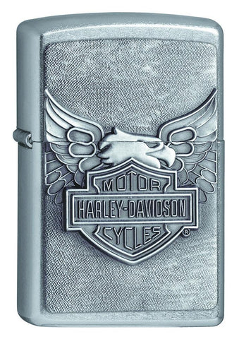 Vooraanzicht 3/4 hoek Zippo-aansteker chroom Harley Davidson-logo met adelaar embleem