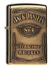 Vooraanzicht 3/4 hoek Zippo-aansteker messing Jack Daniel's-logo embleem