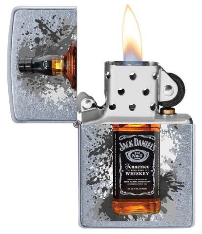 Zippo-aansteker chroom Jack Daniel's-fles in het midden open met vlam