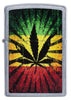 Zippo aansteker chroom met hennepblad kleuren van Jamaica op de achtergrond