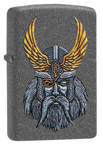 Vooraanzicht 3/4 hoek Zippo aansteker grijs met het hoofd van godenvader Odin