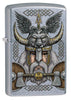 Vooraanzicht 3/4 hoek Zippo aansteker chroom Odin met helm