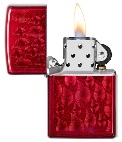 Zippo-aansteker rood met veel Zippo-vlammen open met vlam