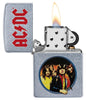 Vooraanzicht Zippo aansteker AC/DC design Highway to Hell open met vlam