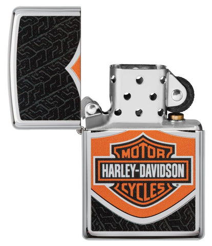 Zippo-aansteker chroom Harley Davidson-logo oranje zwart wit open