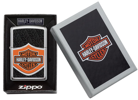 Zippo-aansteker chroom Harley Davidson-logo oranje zwart wit in open doos