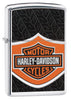 Vooraanzicht 3/4 hoek Zippo-aansteker chroom Harley Davidson-logo oranje zwart wit
