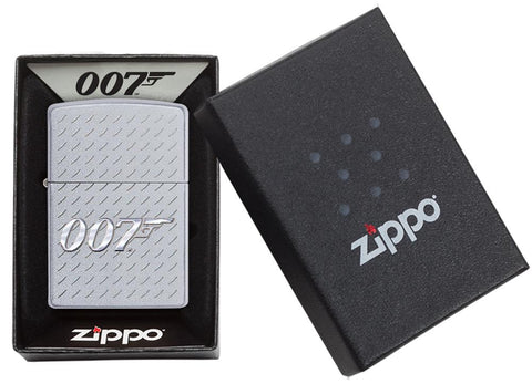 Zippo-aansteker James Bond chroom met 007-logo in open geschenkverpakking