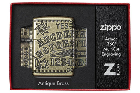 Zippo-aansteker messing antiek ouijabord 360° gravure in open luxe doos