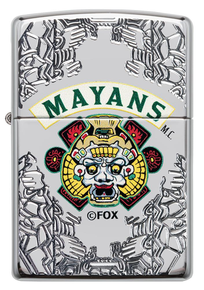 Vooraanzicht Zippo-aansteker chroom met diepe gravures Mayans M.C.