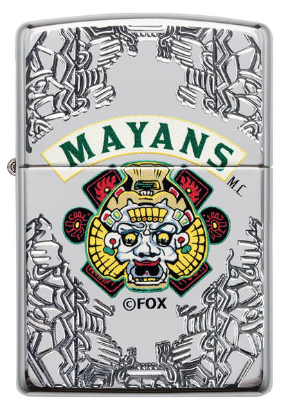 Vooraanzicht Zippo-aansteker chroom met diepe gravures Mayans M.C.