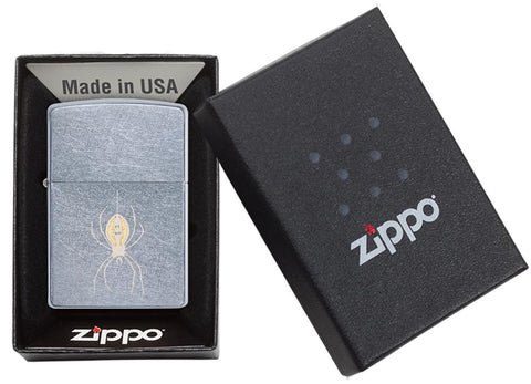 Zippo aansteker chroom met spin aan draad in open doos