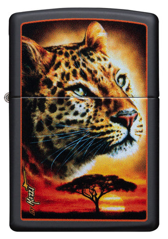 Vooraanzicht Zippo-aansteker zwart met steppe en luipaardkop op de voorgrond