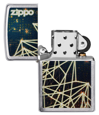 Zippo aansteker chroom Zippo-logo met geometrische figuur geopend