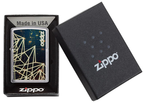 Zippo aansteker chroom Zippo-logo met geometrisch figuur in open doos