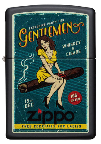 Vooraanzicht Zippo garantie retro reclame vrouw zittend op sigaar