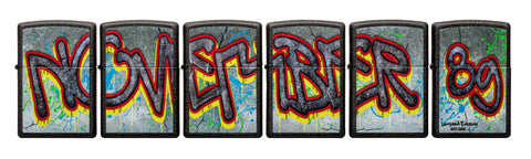 Vooraanzicht Zippo-aanstekers 6 stuks Black Crackle met November 89 in graffitiletters verdeeld over alle aanstekers