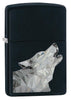 Vooraanzicht 3/4 hoek Zippo aansteker zwart met grijze wolf samengesteld uit geometrische driehoeken
