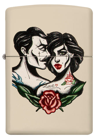 Vooraanzicht Zippo-aansteker Cream Matte met man en vrouw in tattoostijl