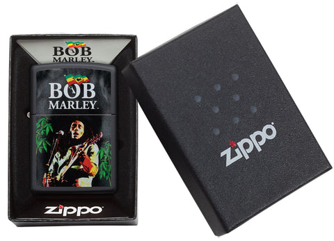 Zippo-aansteker zwart Bob Marley met gitaar in open doos