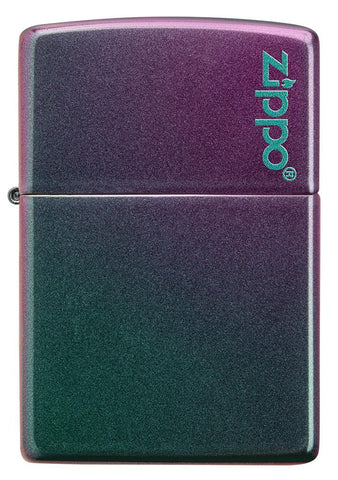 Vooraanzicht Zippo-aansteker paars groen met Zippo-logo