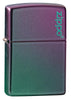 Vooraanzicht 3/4 hoek Zippo-aansteker paars groen met Zippo-logo