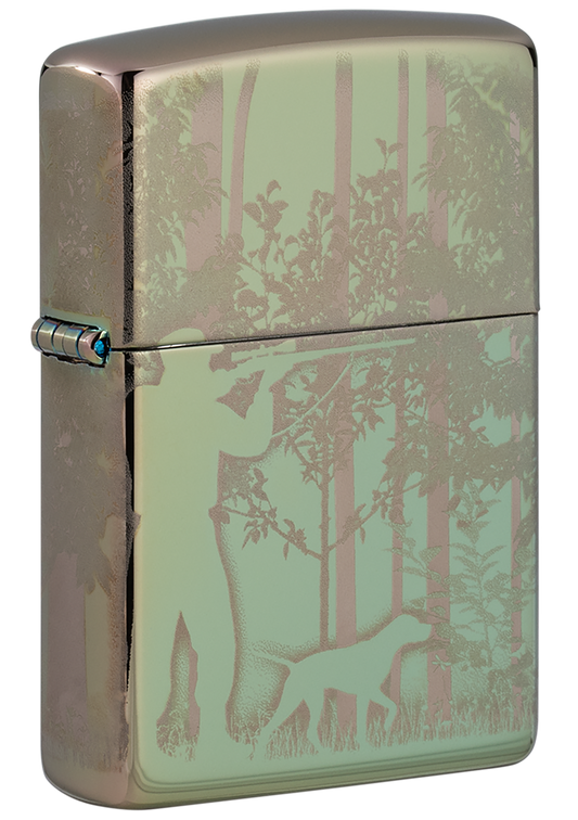 Vue de trois quarts du briquet tempête Zippo Hunting Design