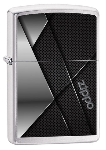 Briquet Zippo trois quart angle vue de face avec une illustration en couleur gris et noir et le logo de Zippo 